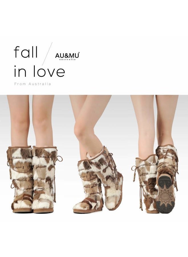 AU&MU Women Tradional Wooden Bead String Sheepskin Fur Shearling Stylish Knee High Winter Snow Boots…, Chestnut, 9 - Image 4