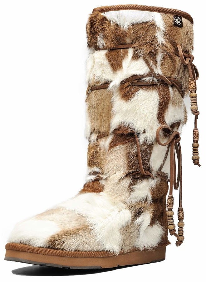 AU&MU Women Tradional Wooden Bead String Sheepskin Fur Shearling Stylish Knee High Winter Snow Boots…, Chestnut, 9 - Image 1