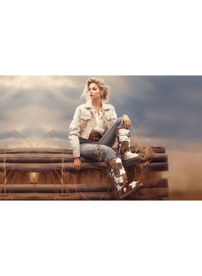 AU&MU Women Tradional Wooden Bead String Sheepskin Fur Shearling Stylish Knee High Winter Snow Boots…, Chestnut, 9 - Image 2