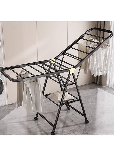 3-Level Clothes Drying Rack Foldable, Movable Drying Rack Large Laundry Drying Rack, With Height-Adjustable Wings, Black Drying Rack Clothing for Indoor Outdoor Drying Rack with Shoe Holder and 4 Castors 180CM