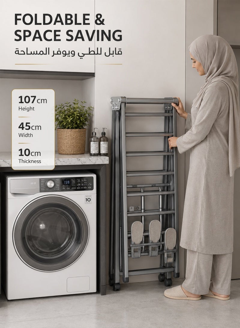 فافاري منشر ملابس قابل للطي 1.7 متر، حامل تجفيف ملابس بطبقتين مع 4 حوامل أحذية، فتحات مانعة لانزلاق العلاقات وعجلات، منشر غسيل كبير متحرك للاستخدام الداخلي والخارجي، رمادي - Image 5
