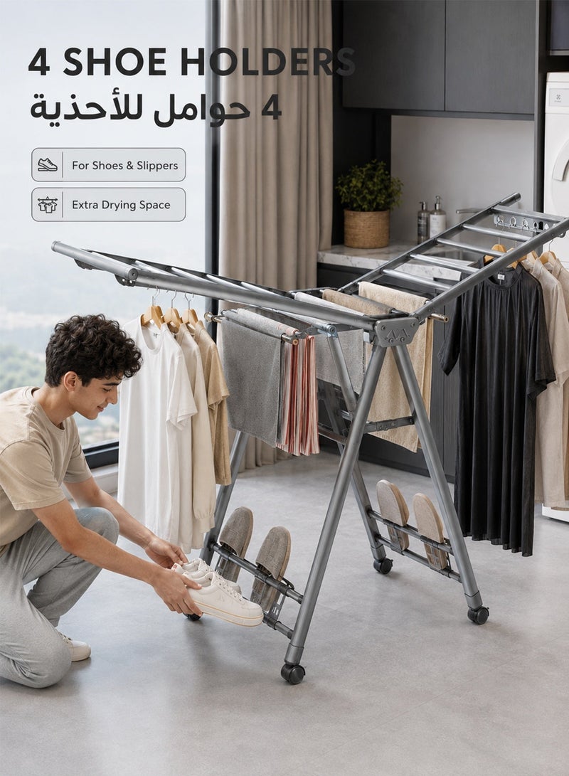 فافاري منشر ملابس قابل للطي 1.7 متر، حامل تجفيف ملابس بطبقتين مع 4 حوامل أحذية، فتحات مانعة لانزلاق العلاقات وعجلات، منشر غسيل كبير متحرك للاستخدام الداخلي والخارجي، رمادي - Image 4