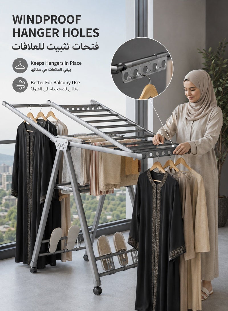 فافاري منشر ملابس قابل للطي 1.7 متر، حامل تجفيف ملابس بطبقتين مع 4 حوامل أحذية، فتحات مانعة لانزلاق العلاقات وعجلات، منشر غسيل كبير متحرك للاستخدام الداخلي والخارجي، رمادي - Image 3
