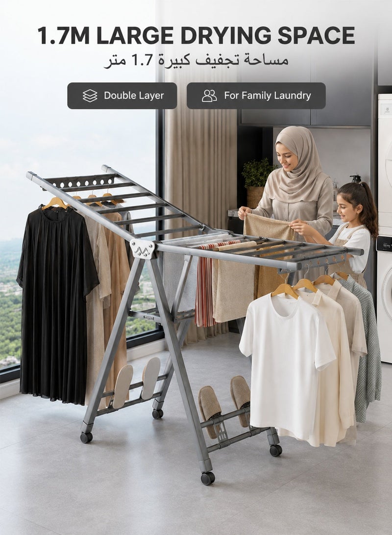 فافاري منشر ملابس قابل للطي 1.7 متر، حامل تجفيف ملابس بطبقتين مع 4 حوامل أحذية، فتحات مانعة لانزلاق العلاقات وعجلات، منشر غسيل كبير متحرك للاستخدام الداخلي والخارجي، رمادي - Image 2