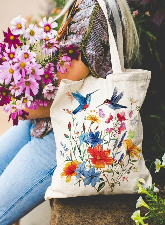 Odebyata Hummingbird Flower Tote Bag, Aesthetic Canvas Spring Flower Shoulder Grocery Book Tote Bag for Woman Man - Image 3