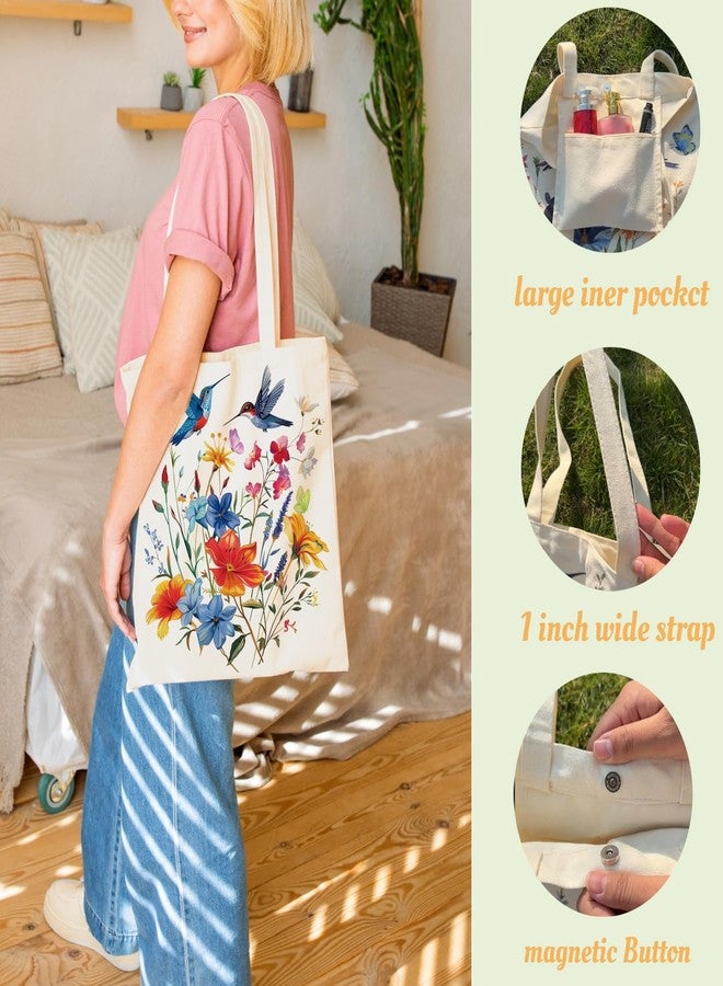 Odebyata Hummingbird Flower Tote Bag, Aesthetic Canvas Spring Flower Shoulder Grocery Book Tote Bag for Woman Man - Image 4
