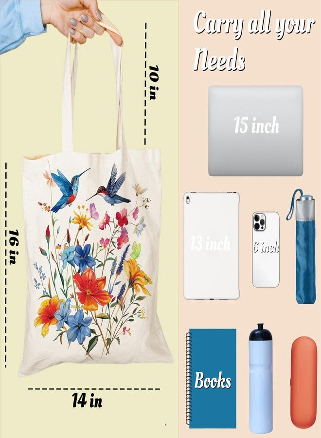 Odebyata Hummingbird Flower Tote Bag, Aesthetic Canvas Spring Flower Shoulder Grocery Book Tote Bag for Woman Man - Image 2