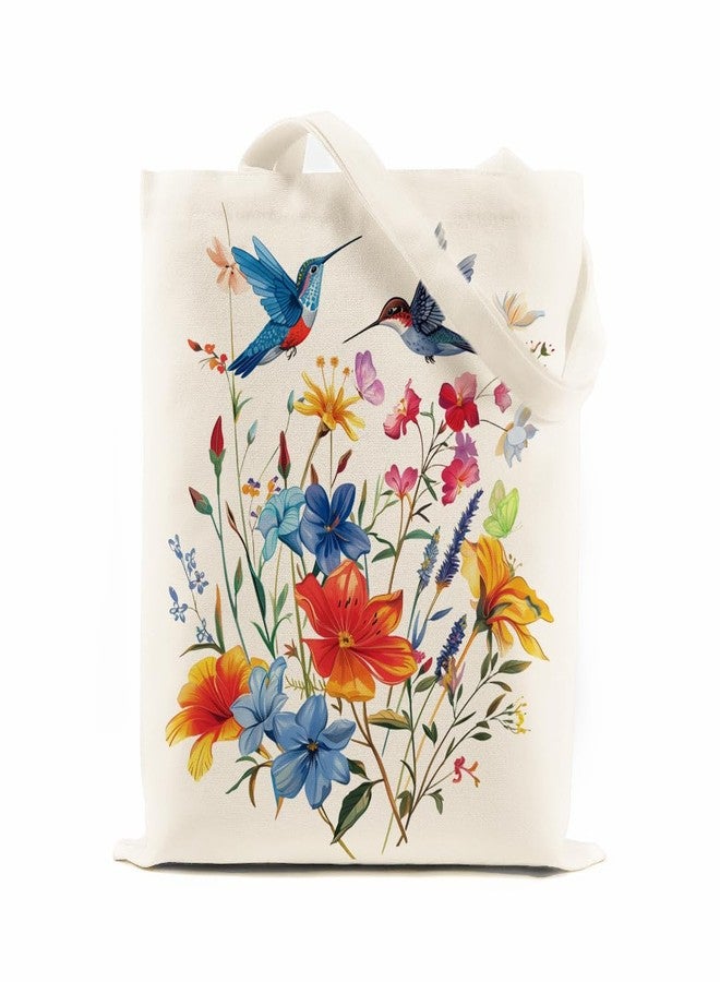 Odebyata Hummingbird Flower Tote Bag, Aesthetic Canvas Spring Flower Shoulder Grocery Book Tote Bag for Woman Man - Image 1