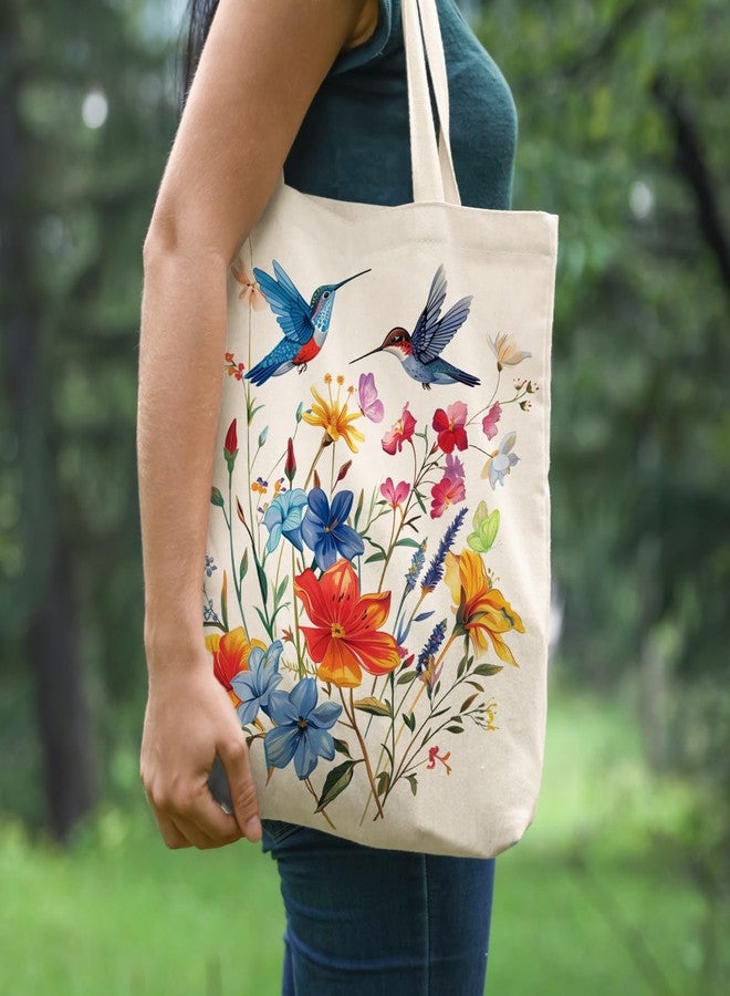 Odebyata Hummingbird Flower Tote Bag, Aesthetic Canvas Spring Flower Shoulder Grocery Book Tote Bag for Woman Man - Image 5