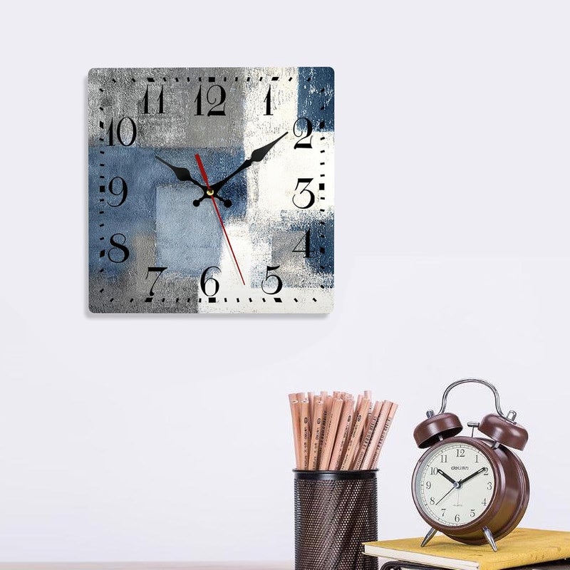 ArtSocket Wooden Wall Clock Silent Non-Ticking, Blue Grey Abstract Painting Gray Contemporary Square Rustic Coastal Wall Clocks DÃcor for Home Kitchen Living Room Office, Battery Operated(12 Inch) - Image 5