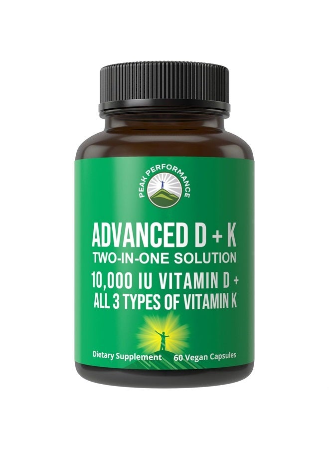 Peak Performance Advanced Vitamin D 10000 IU with All 3 Types of Vitamin K Capsules 10,000 IU Vitamin D3 and Vitamin K2, K1, MK-7 (MK7), MK4 Supplement. 60 Small and Easy to Swallow Pills - Image 1