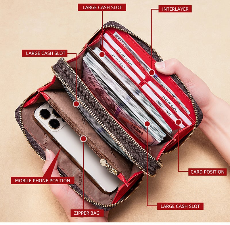 banyanu Women's Large Capacity RFID-Shielded Wallet/Clutch with Multi-Card Slots and Phone Case with Wrist Strap (Coffee-Red Lining) - Image 3