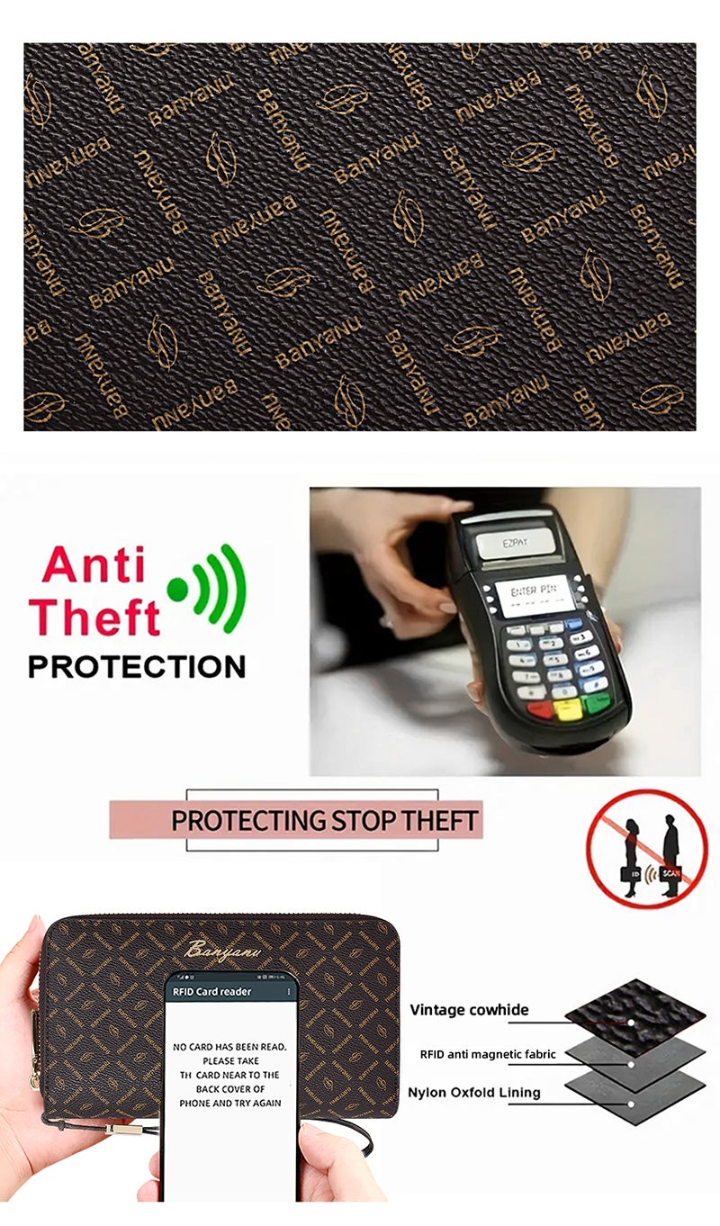 banyanu Women's Large Capacity RFID-Shielded Wallet/Clutch with Multi-Card Slots and Phone Case with Wrist Strap (Coffee-Red Lining) - Image 5