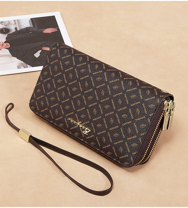 banyanu Women's Large Capacity RFID-Shielded Wallet/Clutch with Multi-Card Slots and Phone Case with Wrist Strap (Coffee-Red Lining) - Image 1