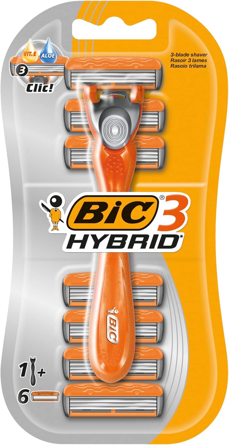 BIC 3 Hybrid Mens TripleBlade Razors for Men Long Curved Handle for Easy Grip Pack with 1 Handle and 6 Refills - Image 1