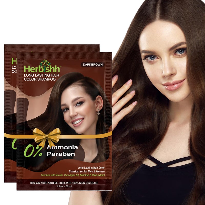 Herbishh Travel Pack Hair Dye Color Shampoo in Sachet  1pc Argan Hair Mask Sachet Dark brown 2 sachets
