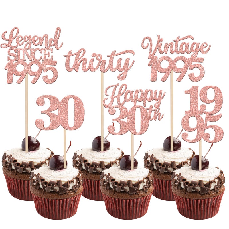 RSSTARXI 48 Pack Vintage 1995 Cupcake Toppers Legend منذ عام 1995 ، Thirty Cupcake يختارون رقم 30 رقم 30 كب كيك لوظيفة عيد ميلاد 30 زواج حفلات الزفاف اللوازم - Image 1