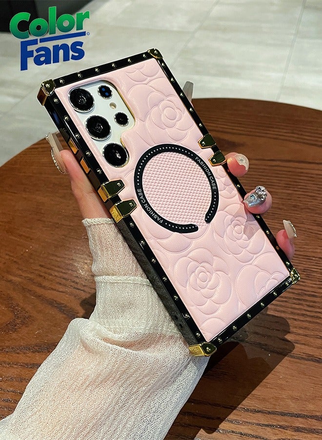 كولور فانس حافظة مغناطيسية قوية منقوشة بالزهور لهاتف سامسونج جالاكسي S23 الترا مع واقي إطار معدني أنيق - وردي/أزهار