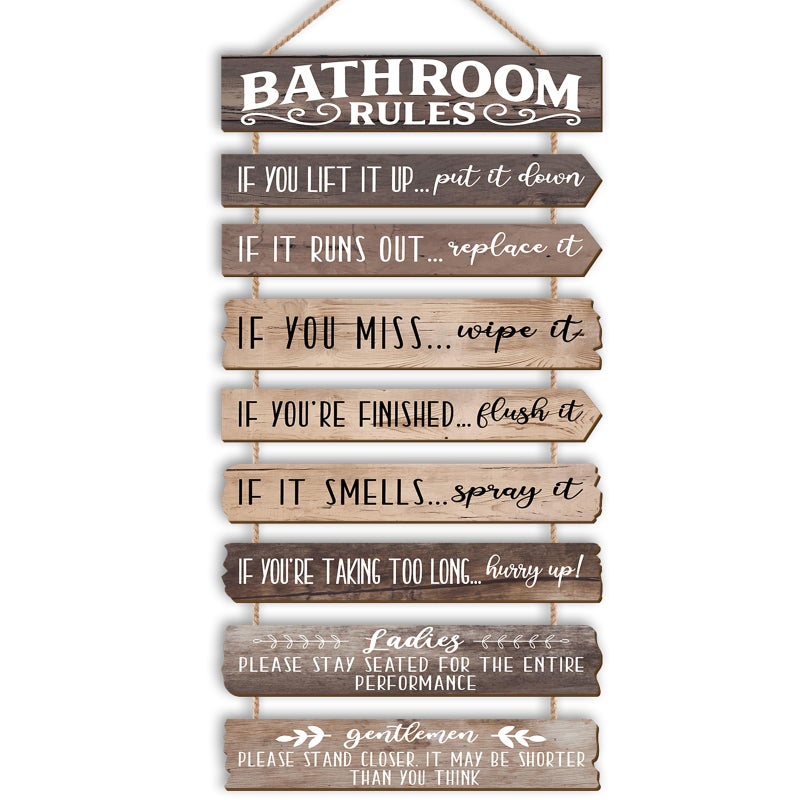PEKCARGO Bathroom Wall Decor Funny Bathroom Signs Bathroom Rules Pictures Wall Art Decor Rustic Farmhouse Toilet Decor Wooden Sign Brown - Image 2