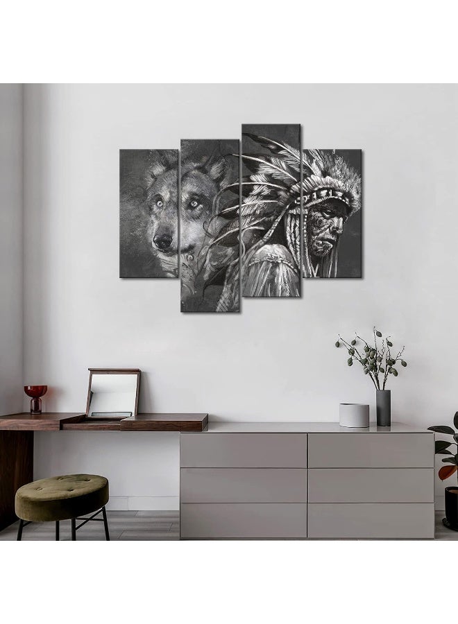 Home Trove First Wall Art 4 Panel Black And White Wolf And Indians Painting  - Image 3