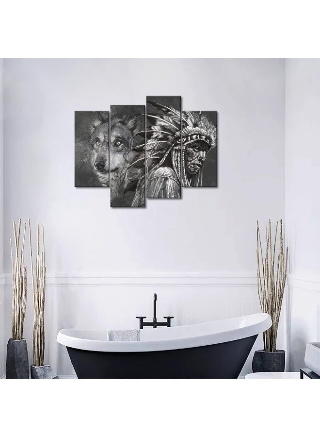 Home Trove First Wall Art 4 Panel Black And White Wolf And Indians Painting  - Image 4