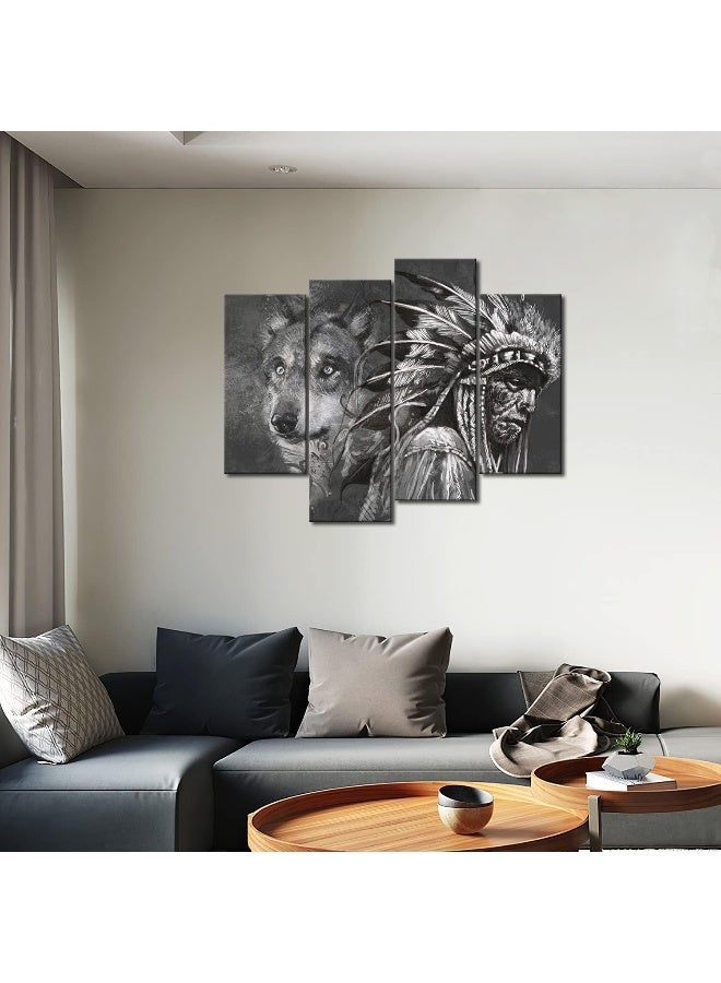Home Trove First Wall Art 4 Panel Black And White Wolf And Indians Painting  - Image 5
