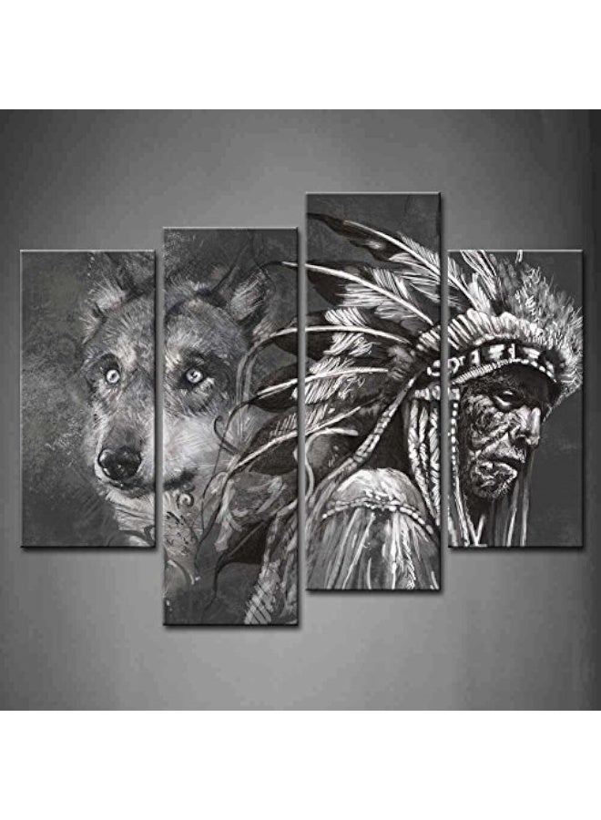 Home Trove First Wall Art 4 Panel Black And White Wolf And Indians Painting  - Image 1