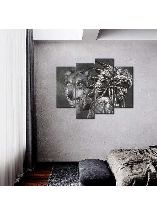 Home Trove First Wall Art 4 Panel Black And White Wolf And Indians Painting  - Image 2