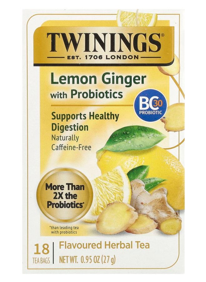 Twinings Herbal Tea Lemon Ginger With Probiotics Caffeine-Free 18 Tea Bags 0.95 oz (27 g) 