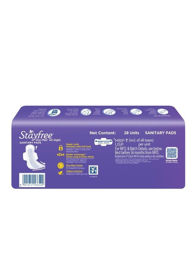 Stayfree - Dry Max All Night XL Dry Cover Sanitary Pads For Women With Wings, 28 Pads - Image 1