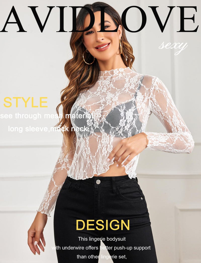 Avidlove Mesh Tops for Women Long Sleeve Mock Neck Sheer Tops See Through Tee Shirt Blouse White Medium - Image 5