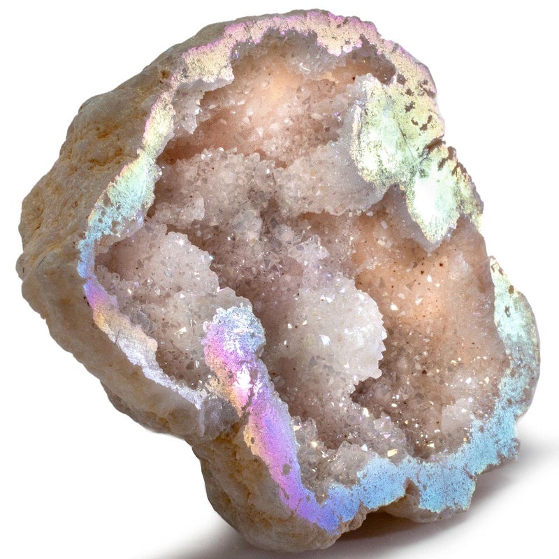 KALIFANO Angel Aura Quartz Geode  Titanium Bonded High Energy Crystal Cuarzo ClusterDruzy with Information Card  Natural Reiki Rock Used for Clarity and Purpose Family Owned and Operated