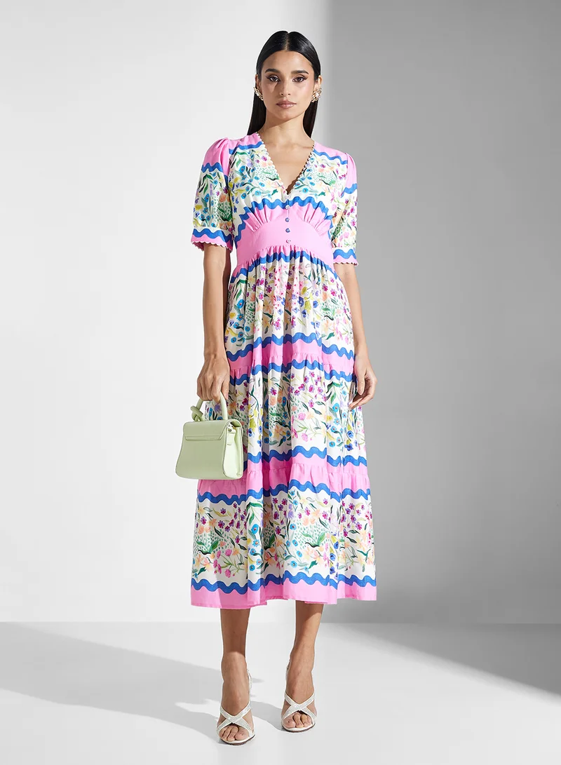 Hope & Ivy Puff Sleeve V-Neck Midi Dress