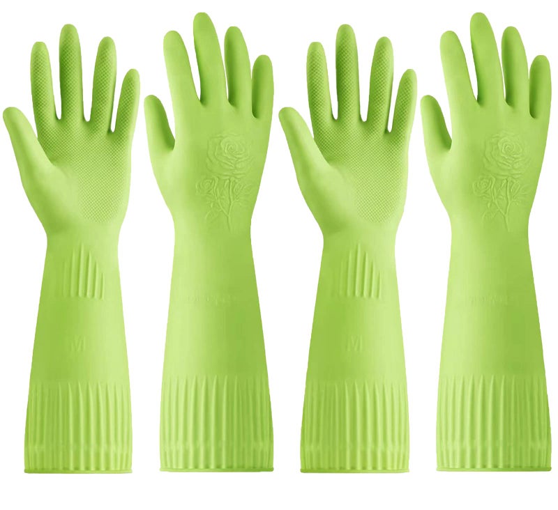 Disfore RubberGloves Dishwashing Gloves for CleaningKitchen 2 Pairs of Durable and Reusable Kitchen GloveLong Sleeve Waterproof Household Cleaning Gloves for Washing Dishes Medium Green
