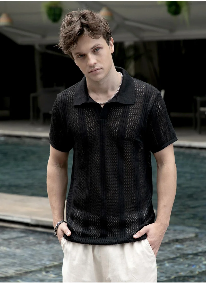كامبوس سوترا Men's Onyx Black Chevron-Lined Textured Polo T-Shirt