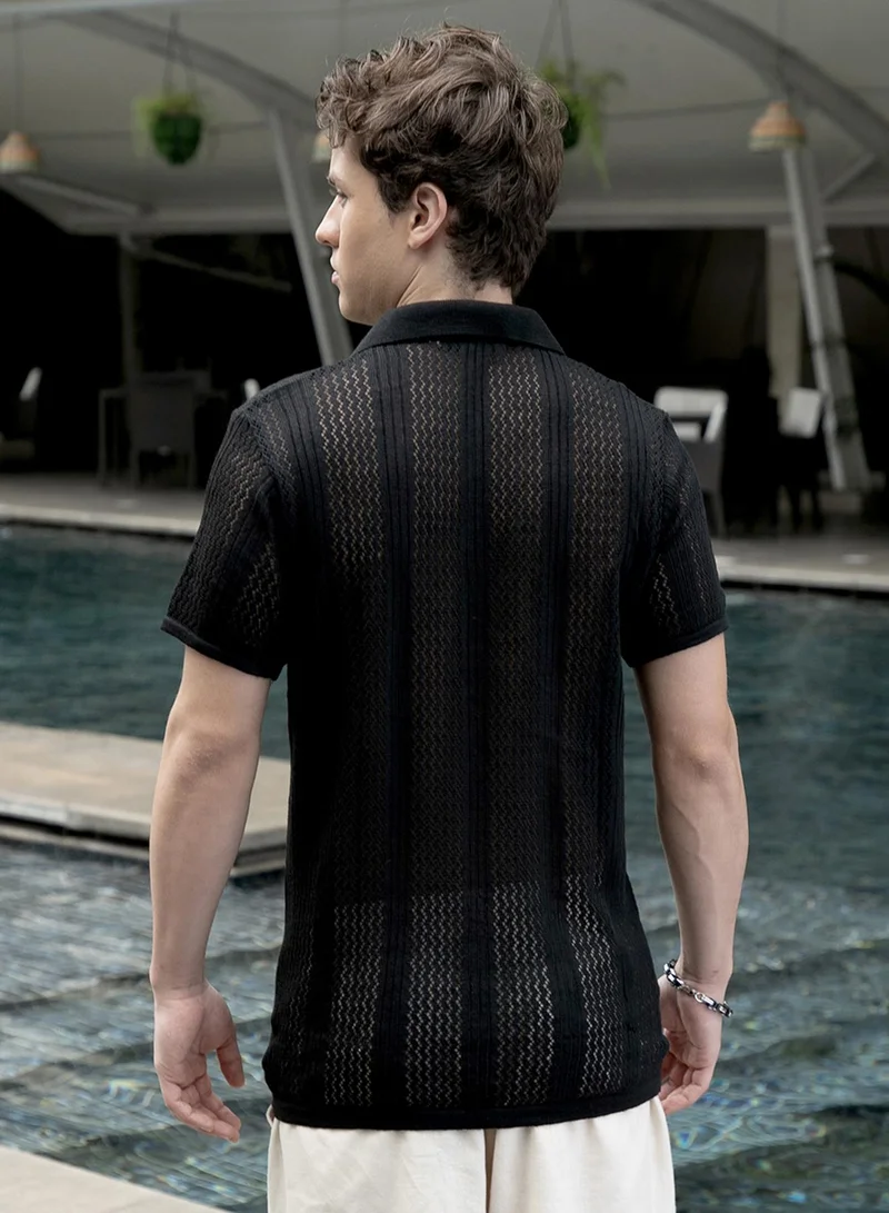 Campus Sutra Men's Onyx Black Chevron-Lined Textured Polo T-Shirt