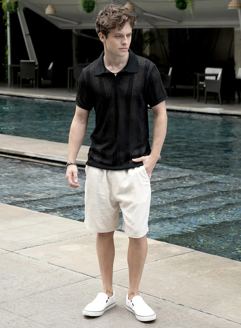 Campus Sutra Men's Onyx Black Chevron-Lined Textured Polo T-Shirt