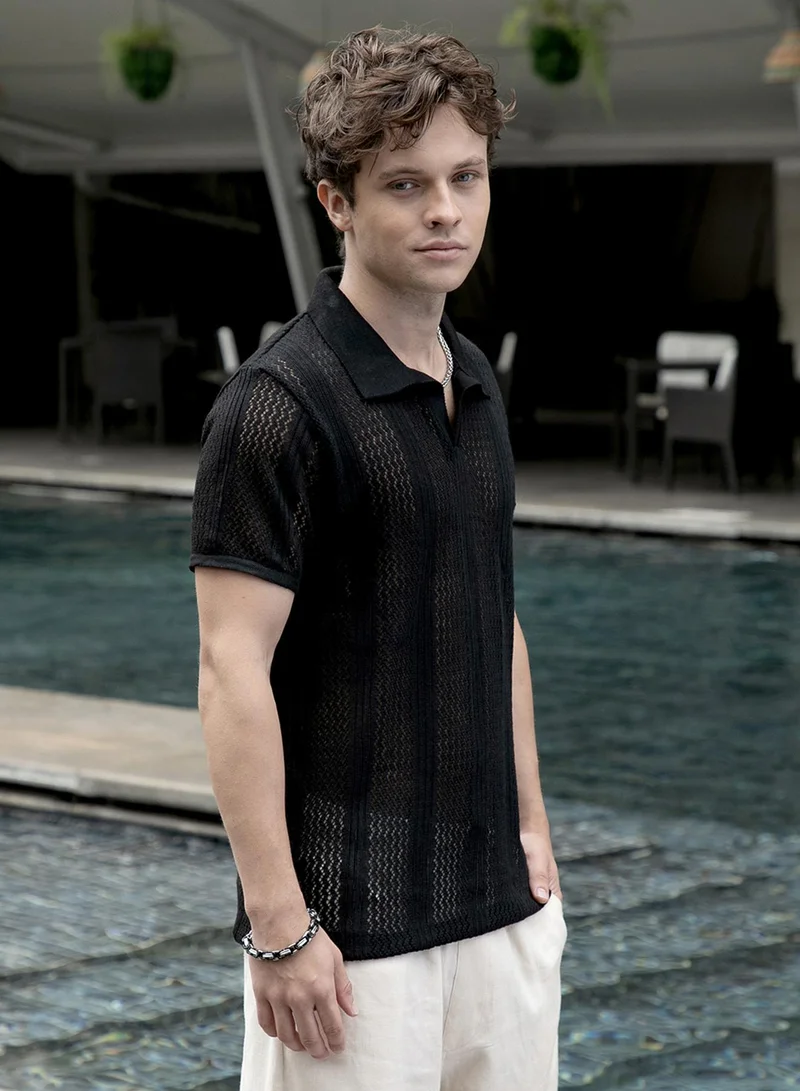 Campus Sutra Men's Onyx Black Chevron-Lined Textured Polo T-Shirt