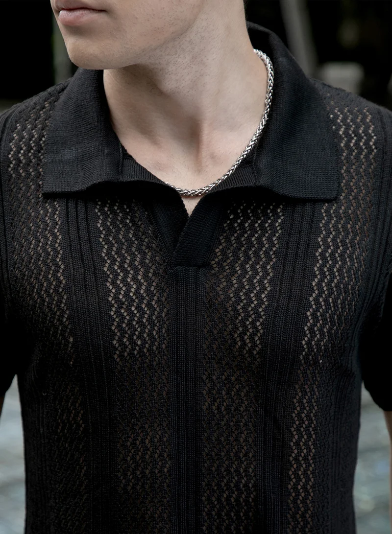 Campus Sutra Men's Onyx Black Chevron-Lined Textured Polo T-Shirt
