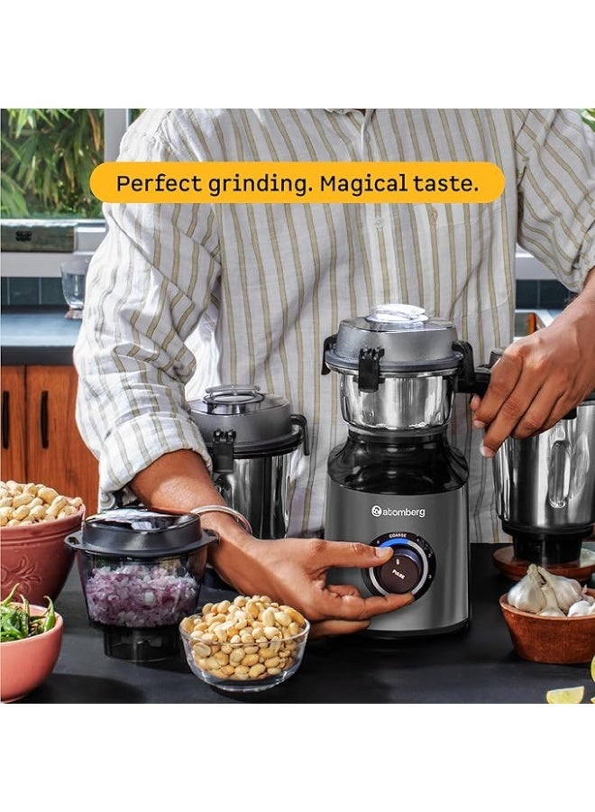 atomberg خلاط ومطحنة أتومبيرج زينوفا | وضع طحن خشن فريد للحصول على قوام يشبه عجينة السيلباتا | محرك BLDC ذكي | ميزات أمان | 4 أوعية بما في ذلك وعاء التقطيع | تشغيل بدون استخدام اليدين (رمادي رملي) - Image 1