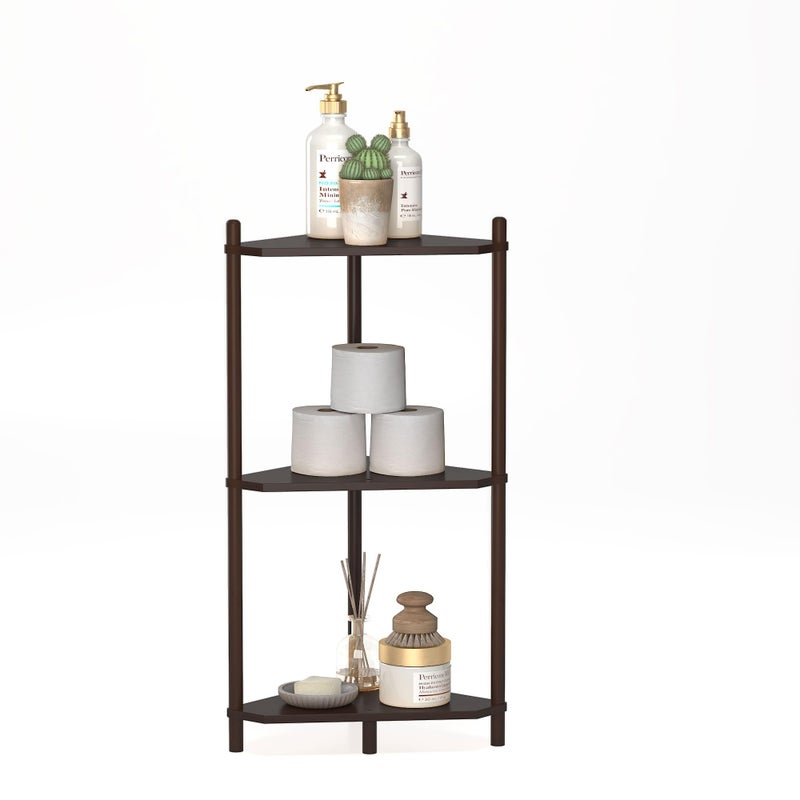 Wisuce Corner Shelf - Walnut Bamboo Bathroom Corner Shelves, 3 Tier Small Corner Stand Shelf Storage for Living Room Kitchen Bedroom Small Space - Image 1