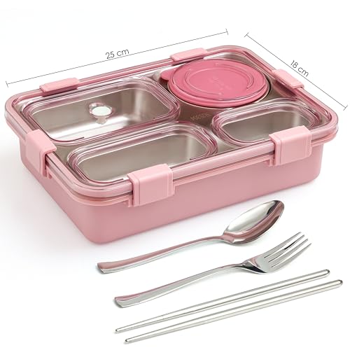 Brand Conquer Lunch Box Leak-Proof BPA Free Stainless Steel for School, Lunch Box for School & Office with a Fork, a Spoon and a Pair of Chopsticks (Classic Pink, 4 Compartment) - Image 3