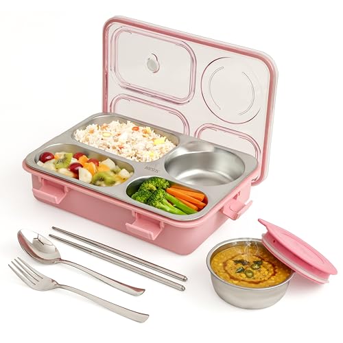 Brand Conquer Lunch Box Leak-Proof BPA Free Stainless Steel for School, Lunch Box for School & Office with a Fork, a Spoon and a Pair of Chopsticks (Classic Pink, 4 Compartment) - Image 1