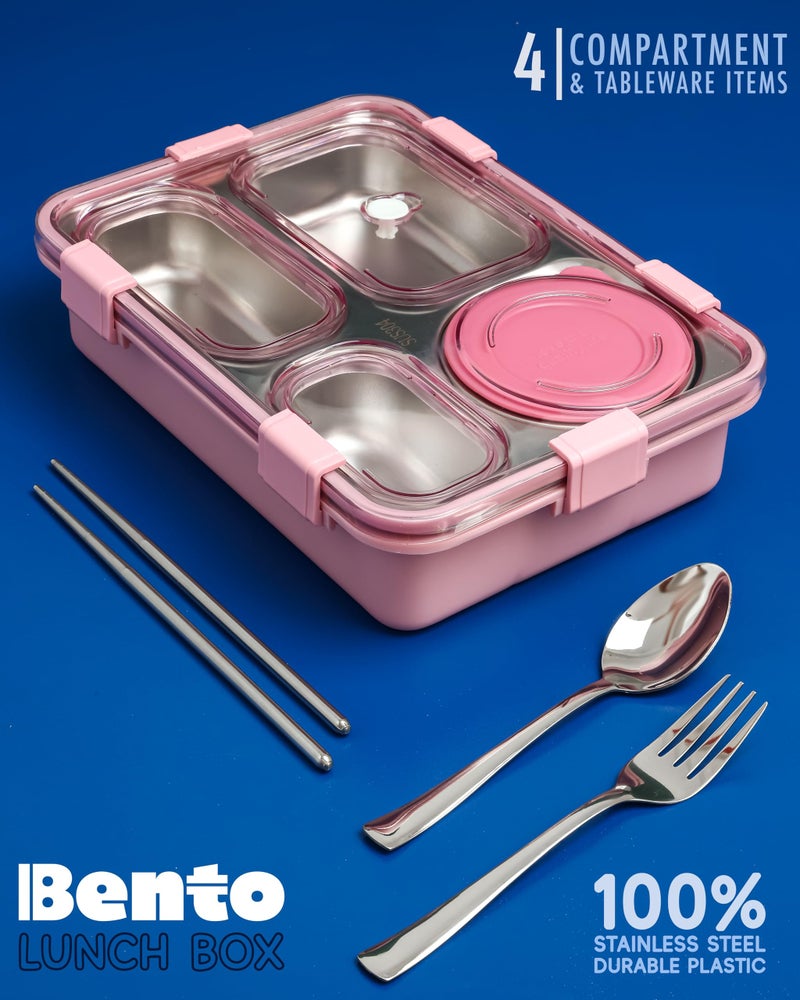 Brand Conquer Lunch Box Leak-Proof BPA Free Stainless Steel for School, Lunch Box for School & Office with a Fork, a Spoon and a Pair of Chopsticks (Classic Pink, 4 Compartment) - Image 4