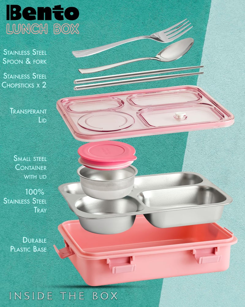 Brand Conquer Lunch Box Leak-Proof BPA Free Stainless Steel for School, Lunch Box for School & Office with a Fork, a Spoon and a Pair of Chopsticks (Classic Pink, 4 Compartment) - Image 2