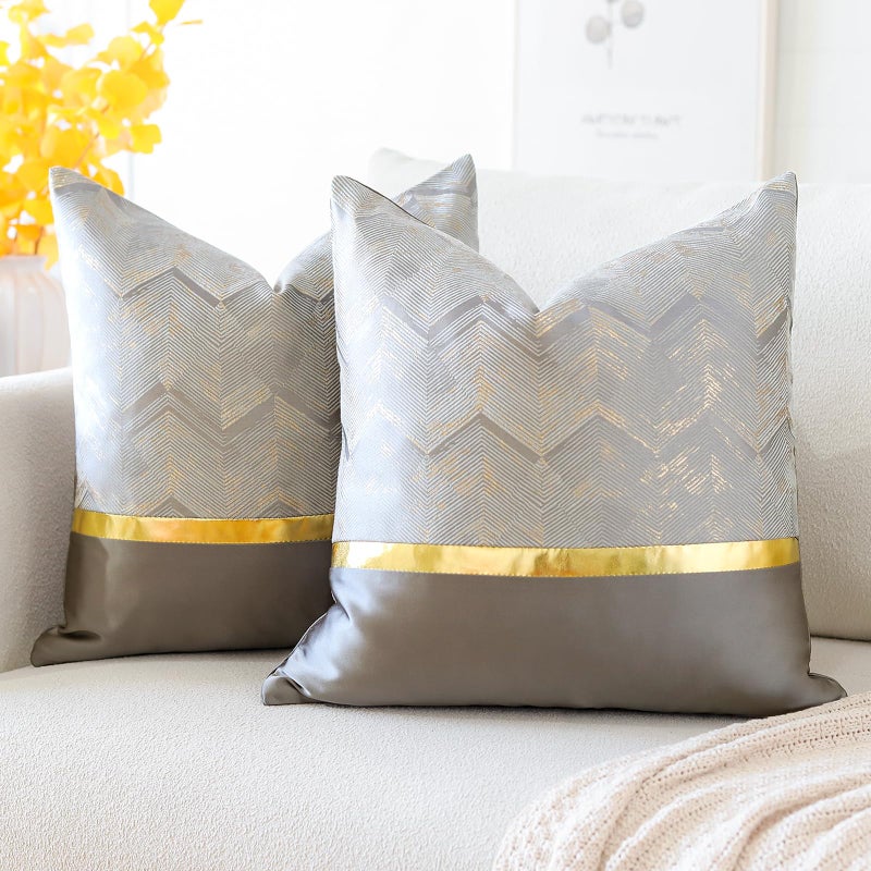 Artscope Set of 2 Cushion Cover for Bed Couch Sofa Car Decor Luxury Modern Minimalist Gold Leather Stitching Wavy Stripes Square Pillowcase Throw Pillow Covers 45x45cm Grey