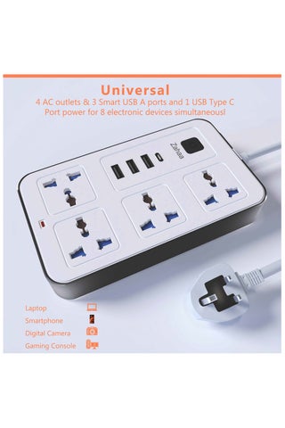Universal Extension Cord with 4 Power Socket and 3 USB Slots, 4 Way Power Strip with USB type C PD Charging slot, Extension Lead 3 meter - White (4S-3U-1PD) - view 2