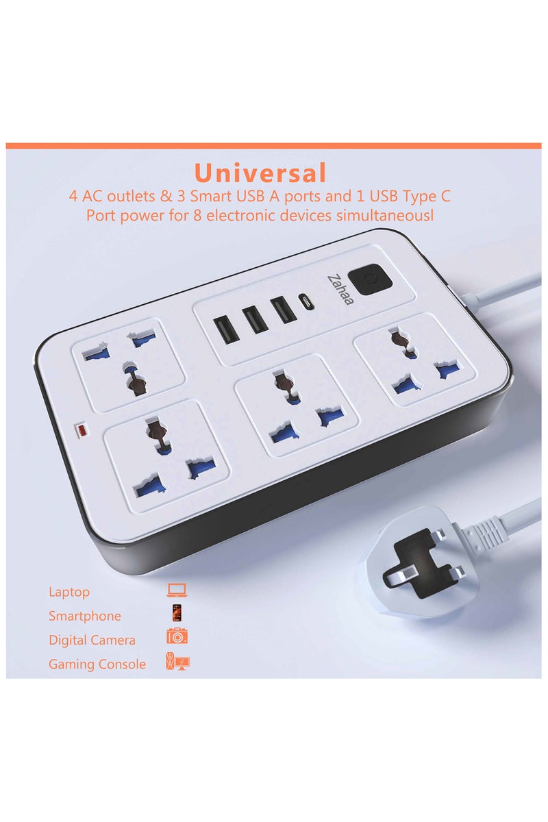 Zahaa Universal Extension Cord with 4 Power Socket and 3 USB Slots, 4 Way Power Strip with USB type C PD Charging slot, Extension Lead 3 meter - White (4S-3U-1PD) - Image 2