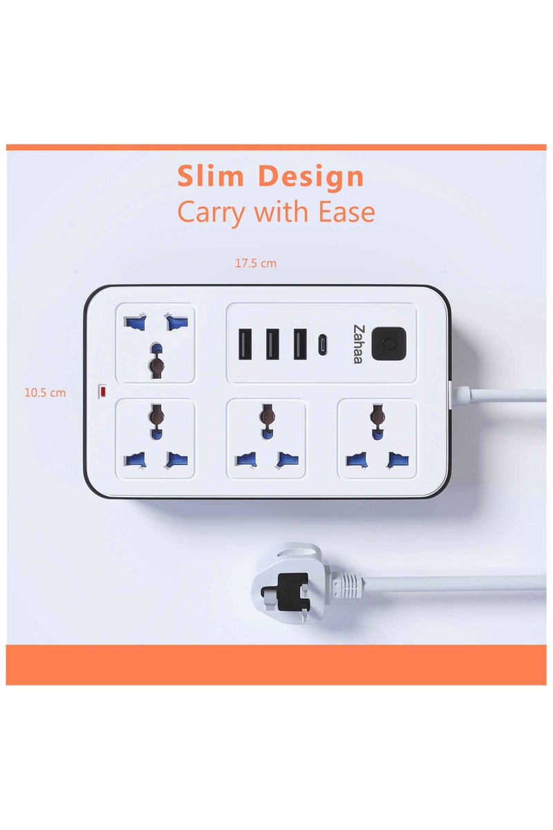 Zahaa Universal Extension Cord with 4 Power Socket and 3 USB Slots, 4 Way Power Strip with USB type C PD Charging slot, Extension Lead 3 meter - White (4S-3U-1PD) - Image 4