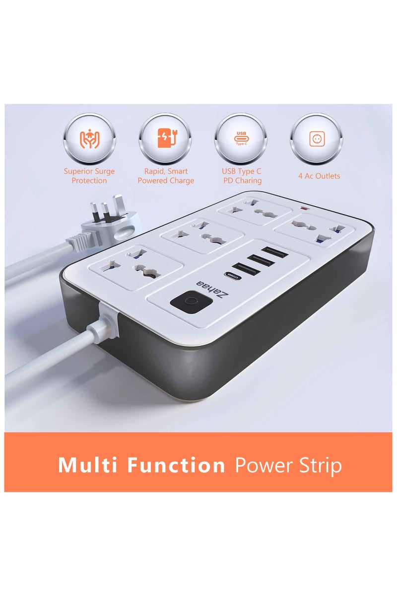 Zahaa Universal Extension Cord with 4 Power Socket and 3 USB Slots, 4 Way Power Strip with USB type C PD Charging slot, Extension Lead 3 meter - White (4S-3U-1PD) - Image 3